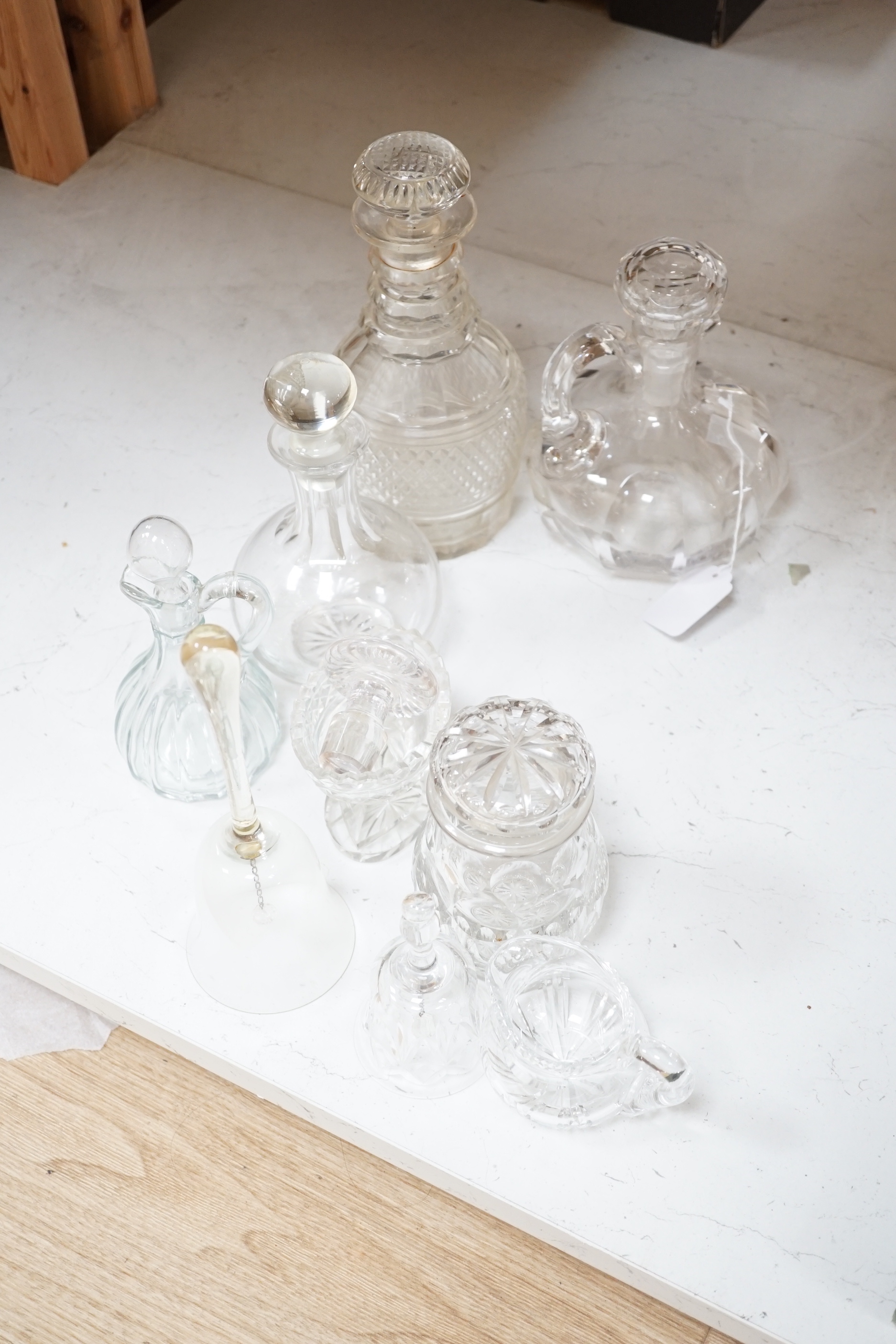 Seven cut glass decanters and stoppers and other cut glass, tallest decanter 26cm high including stopper